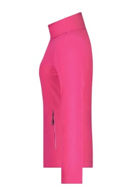 A ladies' polar fleece jacket in bright pink, featuring a high collar and a zippered pocket. It has a logo on it.