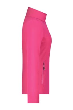 A vibrant pink ladies' basic fleece jacket featuring a zippered pocket and a high collar. It has a logo on it.
