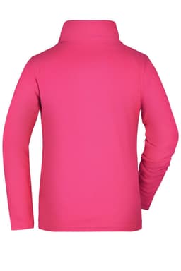 A ladies' basic fleece jacket in vibrant pink, featuring a high collar and long sleeves. It has a logo on the back.