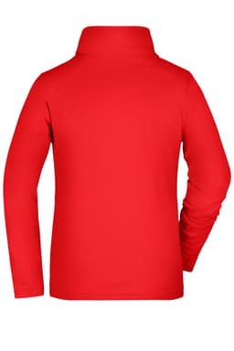 A red ladies' basic fleece jacket featuring a high collar and long sleeves, with a branding logo on the back.