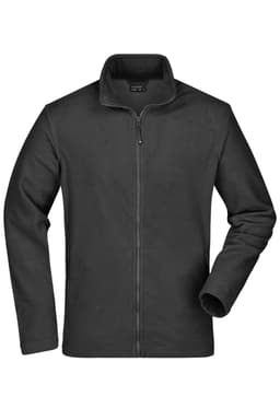 A black polar fleece jacket with a zip fastening and side pockets, featuring a collar and long sleeves.