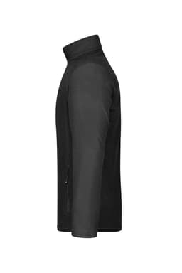 A black men's polar fleece jacket with a high collar and a side zip pocket. The jacket features a logo.