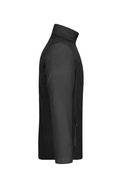 A men's black fleece jacket, featuring a zippered side pocket and a standing collar, with a logo on the chest.