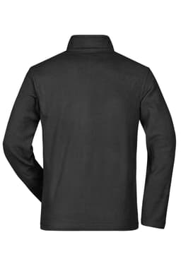 A black men's basic fleece jacket featuring a collar and long sleeves, with a logo on the back.