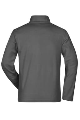 A men's basic fleece jacket in grey with a collar and long sleeves, featuring a logo on the back.