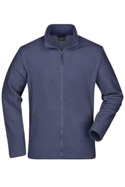 A navy fleece jacket featuring a zip and long sleeves, with side pockets and a collar, includes a logo.