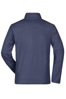 A navy fleece jacket with a collar and long sleeves, featuring a branding logo on the back.
