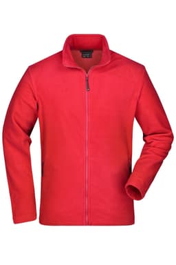 A red polar fleece jacket with a zip front and long sleeves, featuring side pockets and a logo.