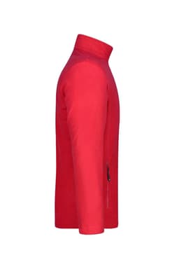 A red polar fleece jacket with a zip pocket, featuring a collar and a branded logo.