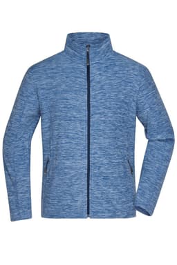A blue polar fleece jacket with a stand collar and zippered front, featuring side pockets. It has a logo on one side.