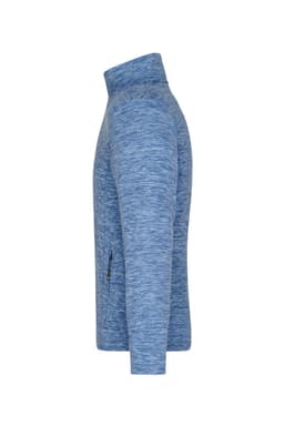 A blue polar fleece jacket with a high collar and a zippered side pocket, featuring a logo.