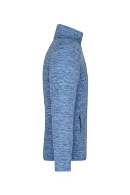 A blue men's fleece jacket with a high collar and a side zip pocket, featuring branding.