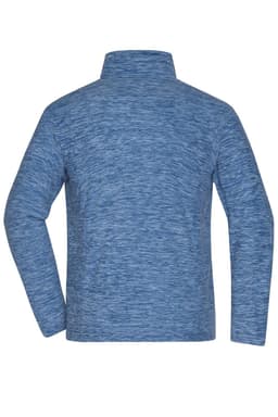 A blue polar fleece jacket with a high collar and a textured pattern on the back. It features a logo.