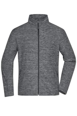 A grey polar fleece jacket with a high collar and zippered front, featuring two side pockets and a logo.
