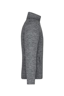 A side view of a men's polar fleece jacket in heather grey, featuring a zip pocket and a high collar.