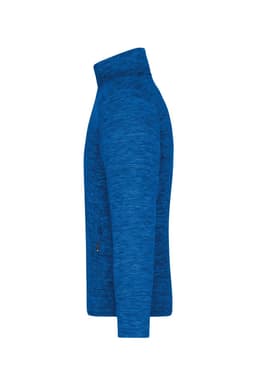A blue mens fleece jacket with a high collar and zippered side pocket. It features a textured fabric.
