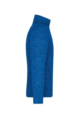 A polar fleece jacket in a vibrant blue colour, featuring a high collar and a zip pocket. It has a logo on it.