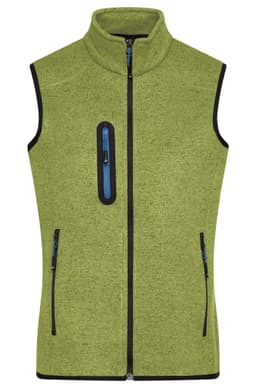 A ladies' knitted fleece vest in vibrant green with three zippered pockets and a high collar. It features a logo.