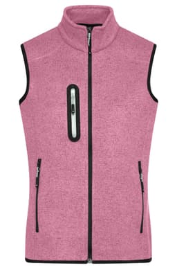 A pink knitted fleece vest featuring a high collar and zippered pockets, with contrasting black details.