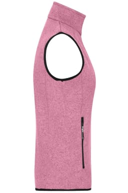 A pink knitted fleece vest featuring a high collar and a side zip pocket, with no sleeves.