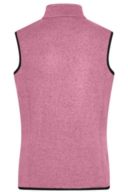A pink knitted fleece vest with a high collar and contrasting black trims, showcasing a clean back view.