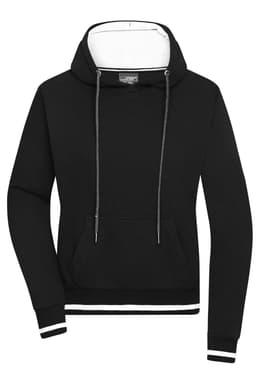 A black hoodie with a drawstring hood, front pocket, and contrasting white details at the cuffs and hem.
