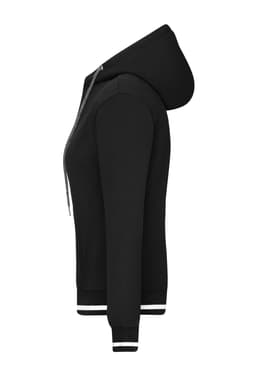 A black ladies hoodie with a zip closure and contrasting white cuffs, featuring a hood and side view design.