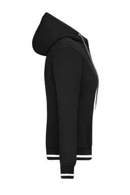 A black Ladies Club Hoodie with a zip and contrasting cuffs, featuring a hood and a logo.