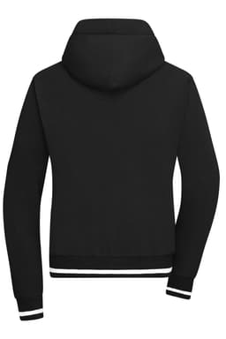 A black ladies' hoodie featuring a hood and contrasting stripe details at the cuffs and hem. It has a logo.