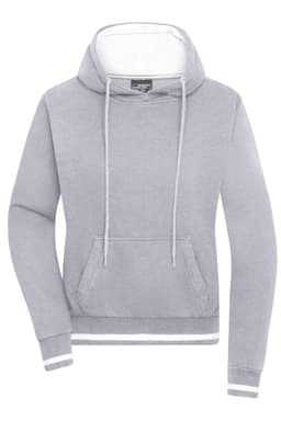 A grey hoodie with a front pocket and a drawstring hood. It features a logo and striped details at the hem.