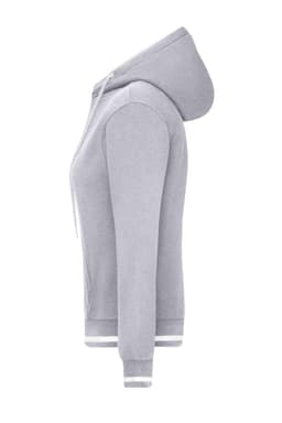 A grey women's hoodie with a zip front, featuring a hood and contrasting white cuffs and hem. Contains a logo.