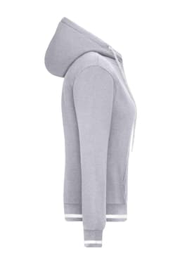 A grey hoodie featuring a zip front, hood, and contrasting cuff stripes, displayed from the side.