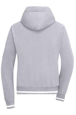 A grey ladies' hoodie featuring a hood and striped detailing at the cuffs and hem, with a logo present.