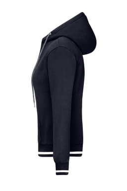 A navy ladies' hoodie featuring a hood, front zip, and striped cuffs. It has a logo on the design.
