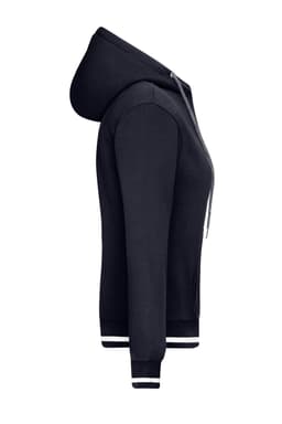A navy ladies hoodie with a zipper, hood, and white-striped cuffs and hem, featuring a logo.