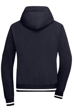 A navy blue hoodie with a hood and contrasting white stripes at the cuffs and hem, featuring a logo.