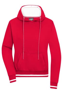 A red hoodie featuring a front pocket and a white-lined hood. The design includes a logo.
