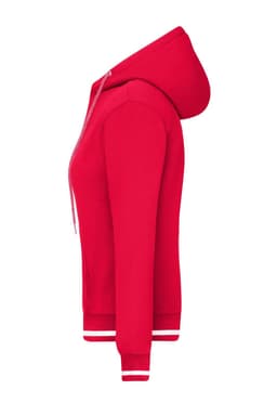 A red hoodie featuring a hood, white drawstrings, and contrasting ribbed cuffs. It has a logo on the design.