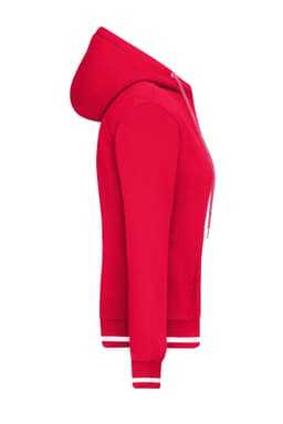 A red ladies hoodie featuring a zip front and contrasting white cuffs and hem, with a hood and side view.