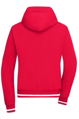 A red ladies hoodie featuring a hood and striped cuffs. It includes a logo on the back.