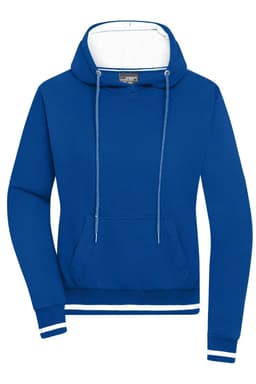 A blue ladies' hoodie featuring a front pocket and a drawstring hood. It has a contrasting inner lining and branding.