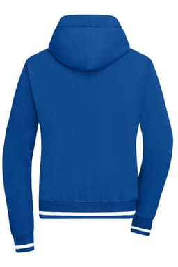 A blue hoodie with a hood and ribbed cuffs and hem, featuring a logo.
