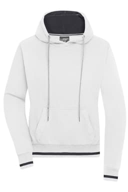 A white hoodie with a grey inner hood, featuring a kangaroo pocket and a logo.