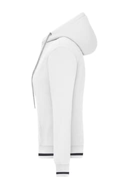 A white hoodie with a hood, featuring navy blue accents on the cuffs and hem. It has a logo on the front.
