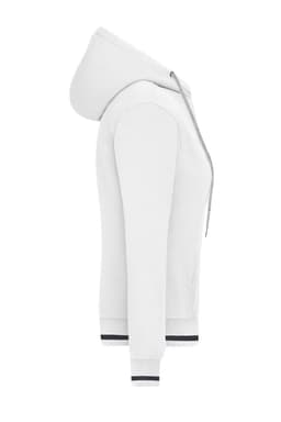 A white ladies hoodie featuring a zip and contrasting ribbed cuffs, showing a side view. It has a logo.