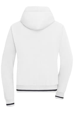 A white hoodie with a hood, featuring long sleeves and a banded hem. The design includes a logo.