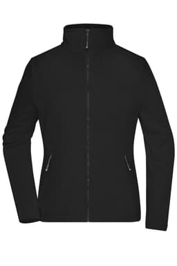 A black ladies fleece jacket with a zip front and side pockets, featuring a collar and a logo.