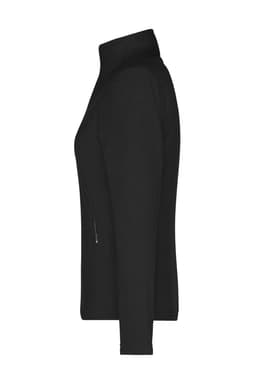 A black ladies fleece jacket with a high collar and zippered side pocket. Features a logo on the exterior.