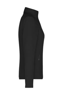 A black ladies fleece jacket with a zip pocket, featuring a high collar and a streamlined silhouette.