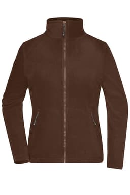 A brown polar fleece jacket with a zip front and side pockets, featuring a stand-up collar and a logo.